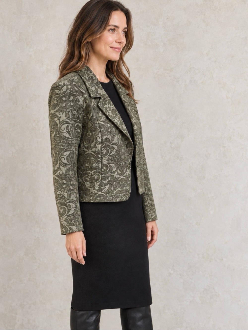 Vintage Tonal Olive Brocade Blazer – Short Boxy Tapestry Arabesques